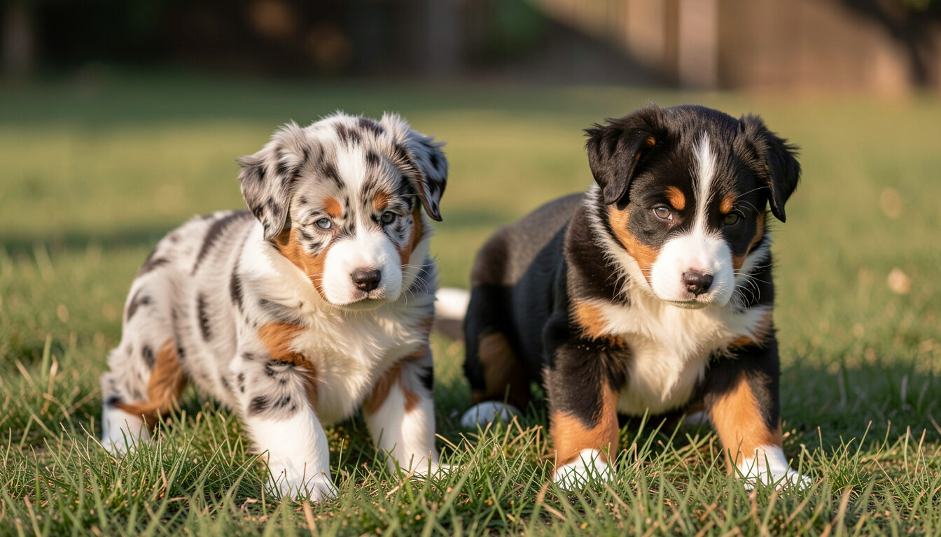 Deux chiots Berger Australien sur l'herbe, à gauche un bleu merle très marqué de blanc, à droite un noir tricolore aux marques cuivre
