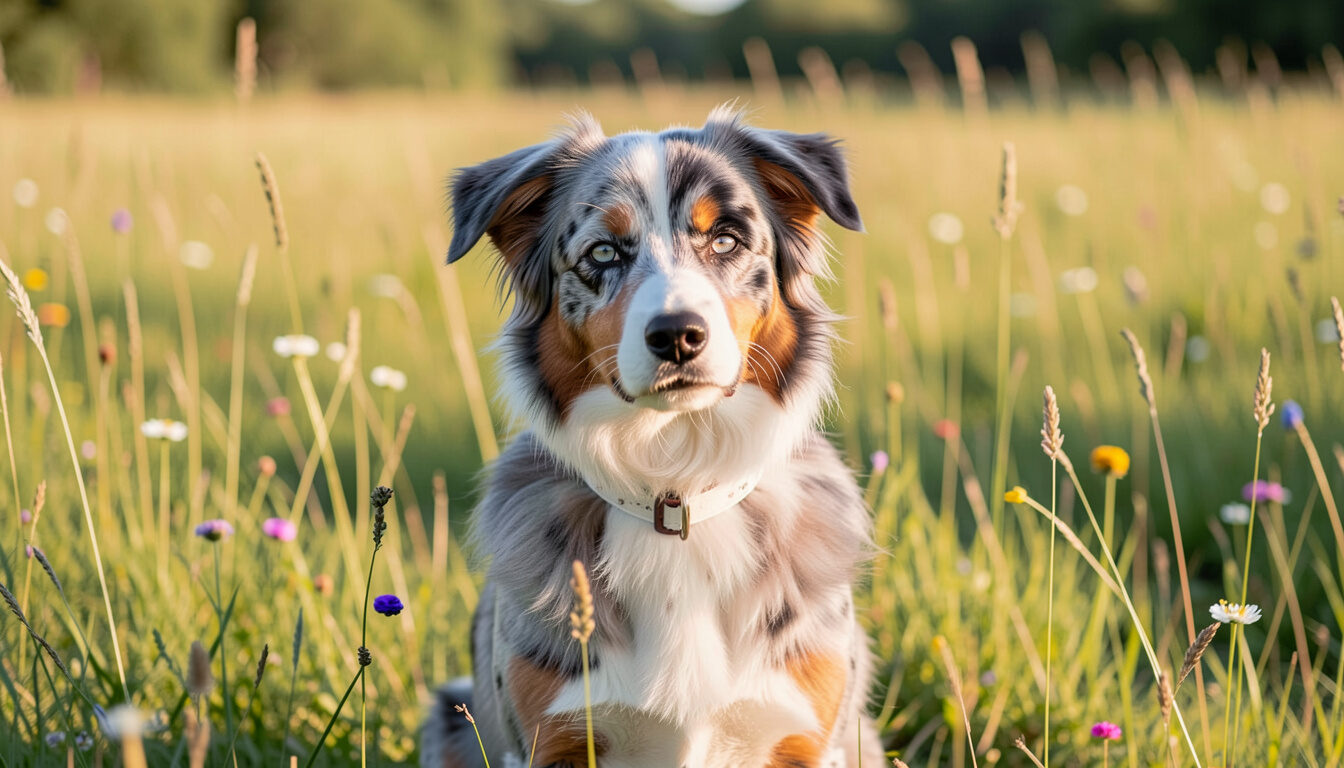 Berger Australien bleu merle au collier, au poitrail et à la liste blancs, assis dans une prairie d'été, les deux yeux entourés de poil coloré