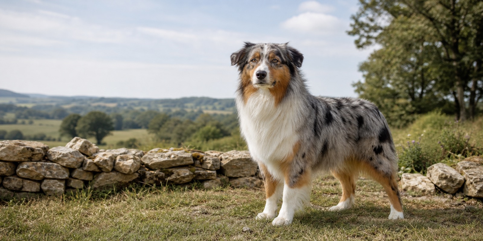 Un salon en fin d'après-midi, lumière rasante par la fenêtre : un panier de chien posé près d'un mur, une laisse et un collier suspendus à une patère, un jardin visible