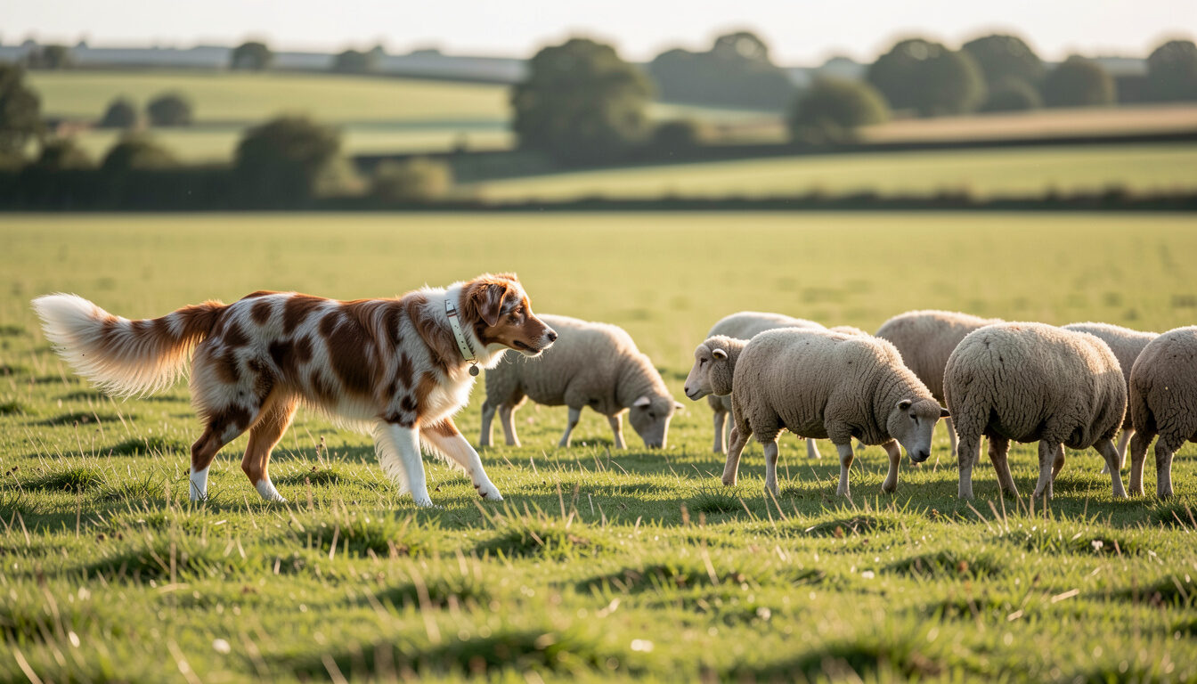 Berger Australien rouge merle au collier blanc rassemblant un petit troupeau de moutons dans une prairie verte, soleil bas du matin